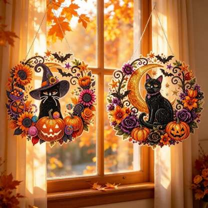Black Cat Moon Diamond Art Hanging Ornament Kit – Relaxing DIY Halloween Craft 🎃💎 