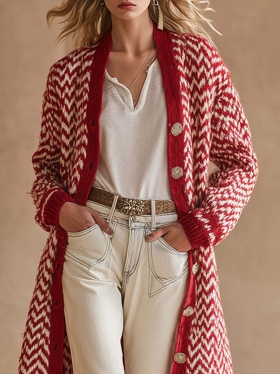 High-end Fashionable Red Herringbone Knitted Mid-length Cardigan
