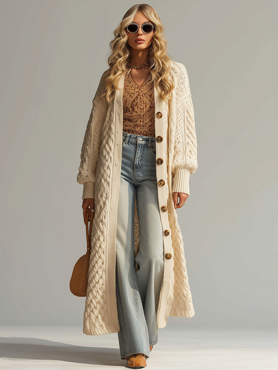 Simple And Fashionable Textured Knitted Beige Cardigan