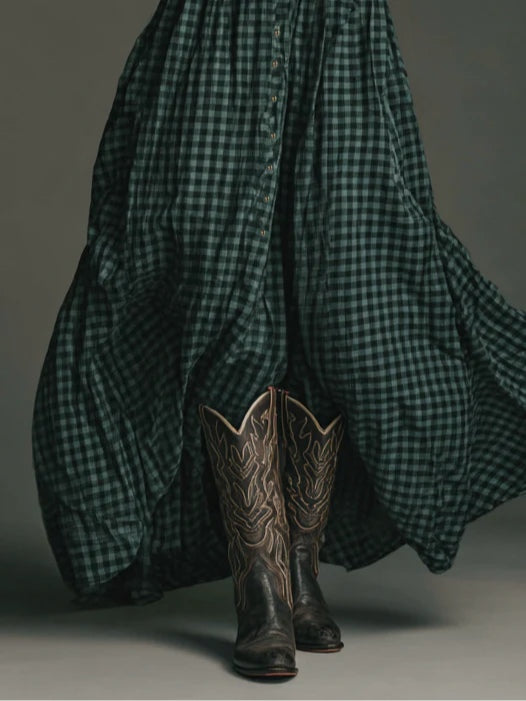 Dark Green Plaid Long Sleeve Shirt Maxi Dress