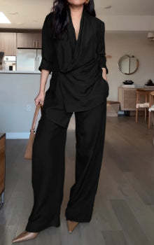 Satin Drape Collar Single Button Casual Blazer and Elastic Waist Pocket Loose Pants Set