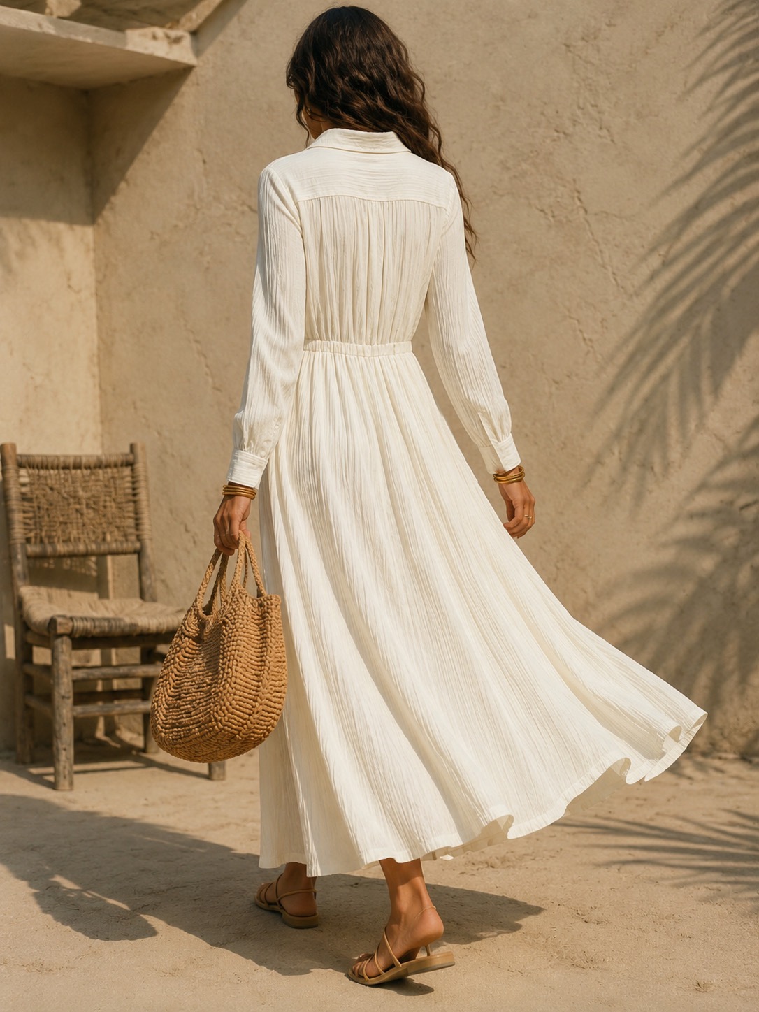 Elegant White Long, Waist-Cinched, Loose-Fitting Dress