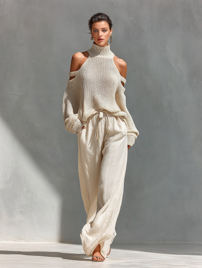 Women's Beige Knit Fabric Cold-Shoulder Turtleneck Top & Wide-Leg Pants Set 