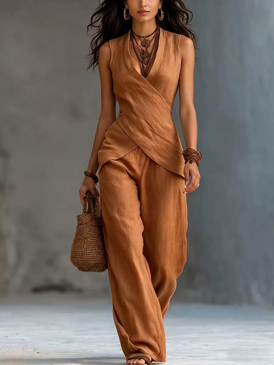 Elegant Off-white Linen Crossover Top And Wide-leg Pants Set