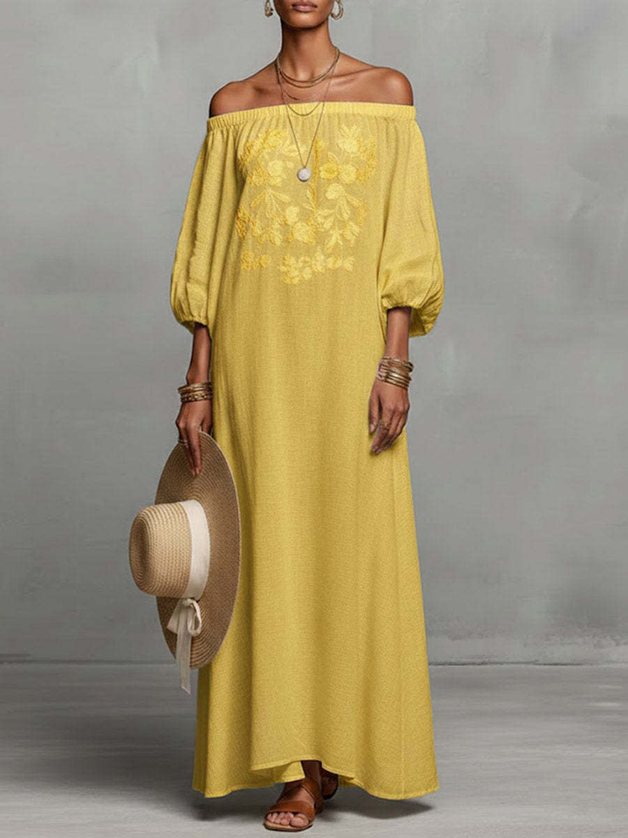 Women's Round Neck Long Sleeve Casual Loose Linen Dress