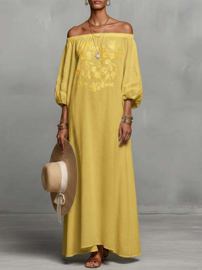 Women's Round Neck Long Sleeve Casual Loose Linen Dress