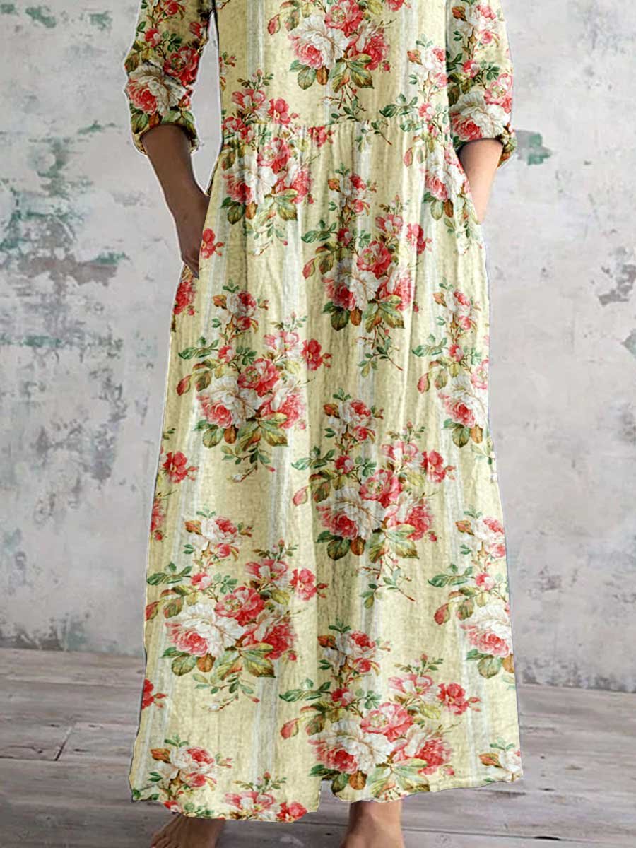 Women's Art Rose Floral V Neck Cotton and Linen Dress With Pockets