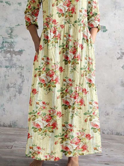 Women's Art Rose Floral V Neck Cotton and Linen Dress With Pockets