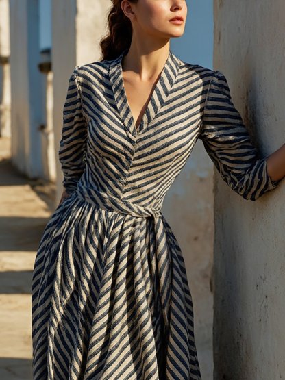 V-neck retro striped dress with contrasting colors