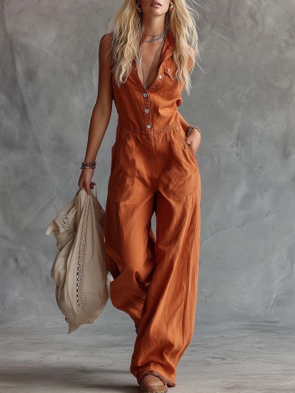 Casual Fashion Western V-neck Front-button Sleeveless Rust-orange Cotton Jumpsuit