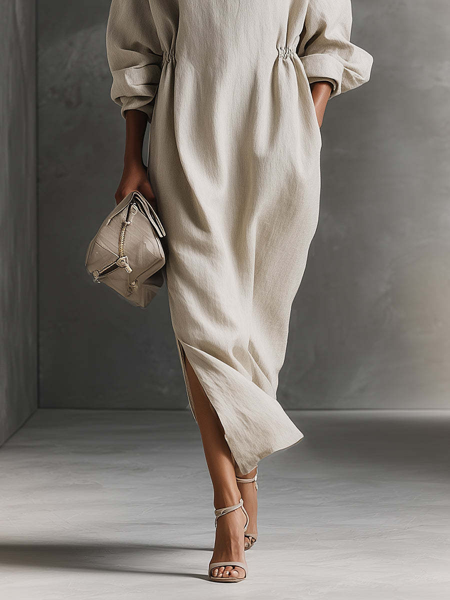 Women's Beige Relaxed Cotton Drawstring - Detail Maxi Dress