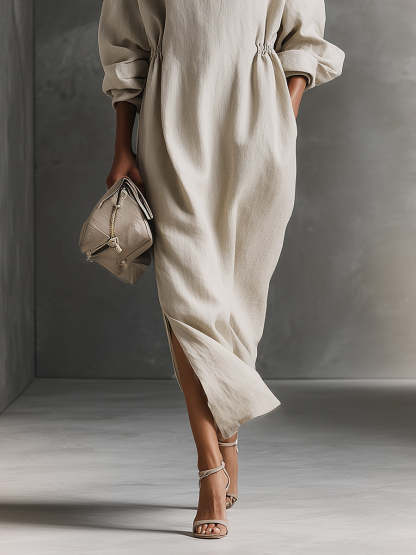 Women's Beige Relaxed Cotton Drawstring - Detail Maxi Dress