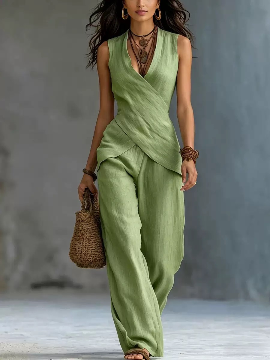 Elegant Off-white Linen Crossover Top And Wide-leg Pants Set