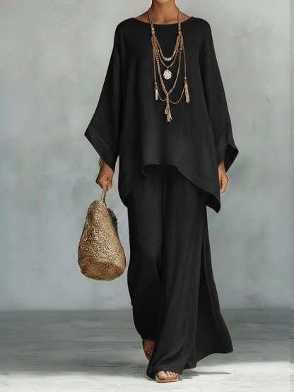 Women's Comfortable, Loose-fitting Linen And Cotton Top And Wide-leg Pants Two-piece Set.