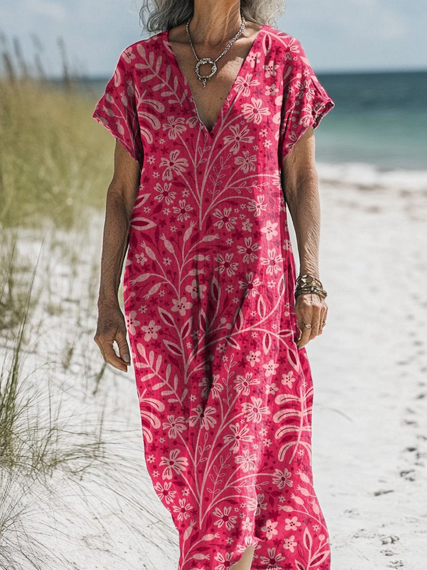 Pink Garden Floral Pattern Printed Women's Pocket Cotton Dress