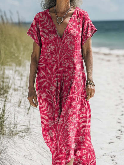 Pink Garden Floral Pattern Printed Women's Pocket Cotton Dress