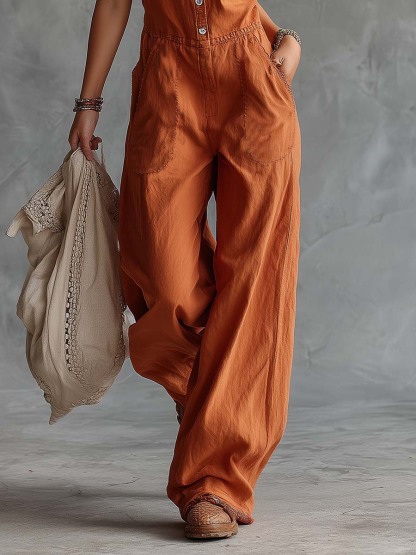 Casual Fashion Western V-neck Front-button Sleeveless Rust-orange Cotton Jumpsuit