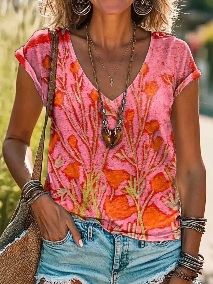 Vintage Floral Art Print Cotton Crew Tee-1