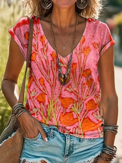 Vintage Floral Art Print Cotton Crew Tee-1