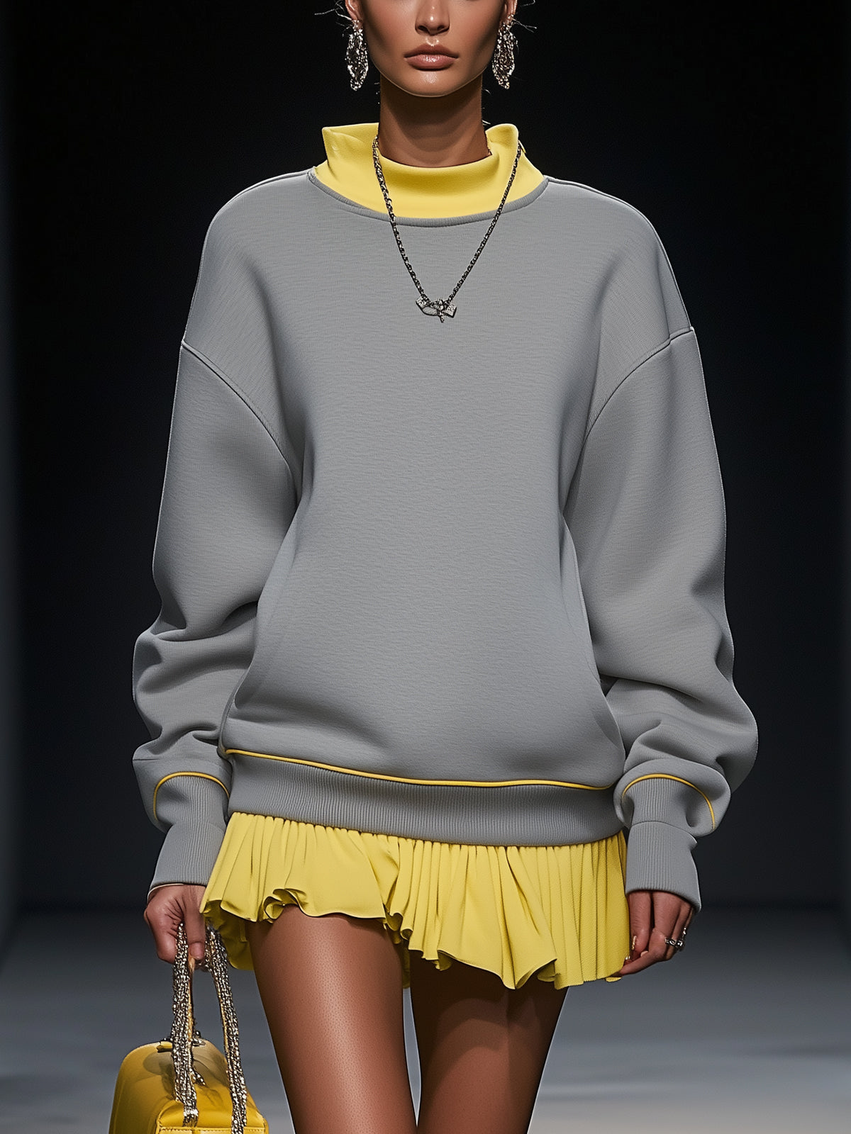 Gray Turtleneck Mini Casual Dress With Yellow Trim And Hem