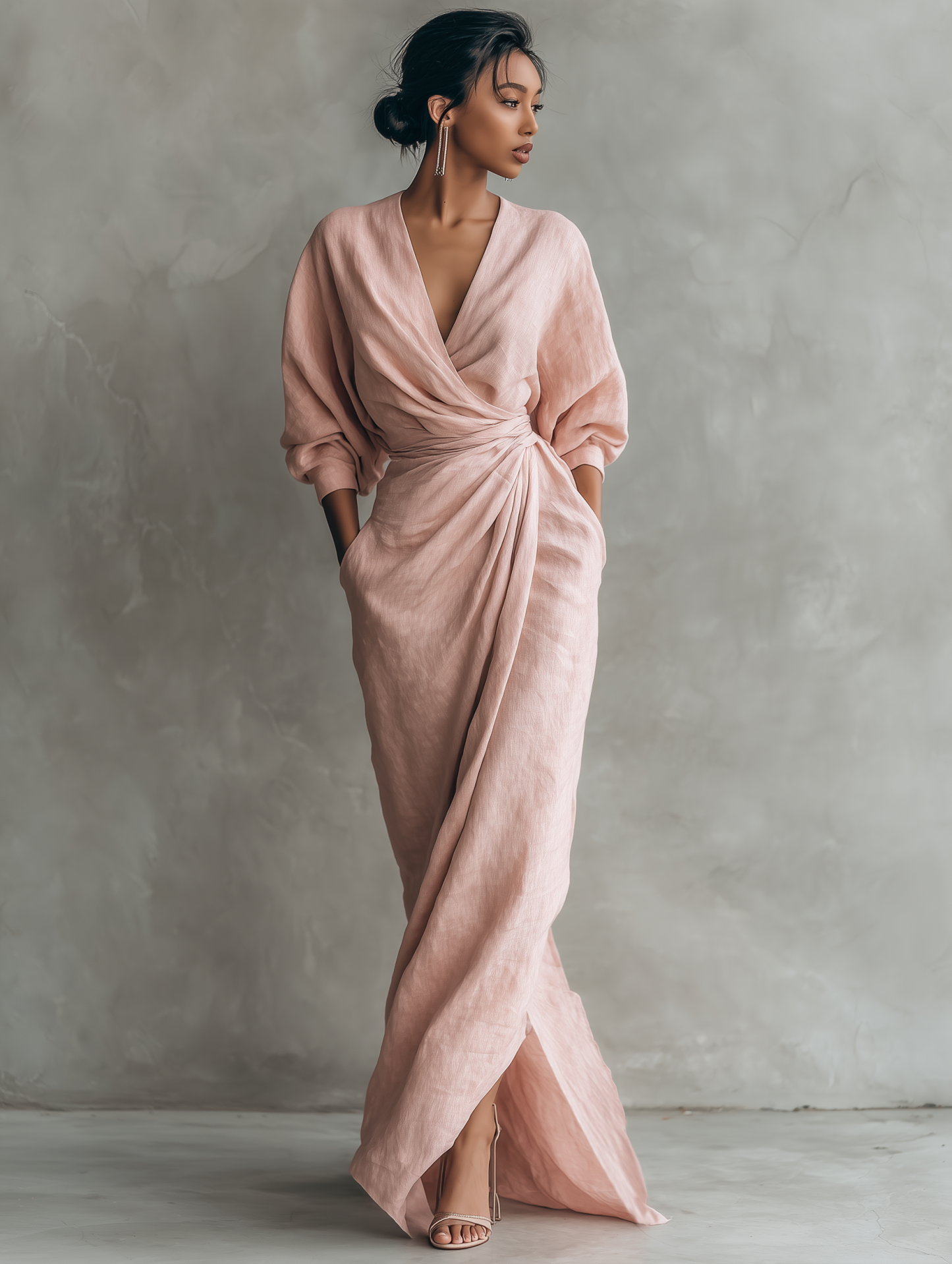 Women's  Pink Minimalist V-neck Linen Blend Maxi Dress MDA1655L0Y