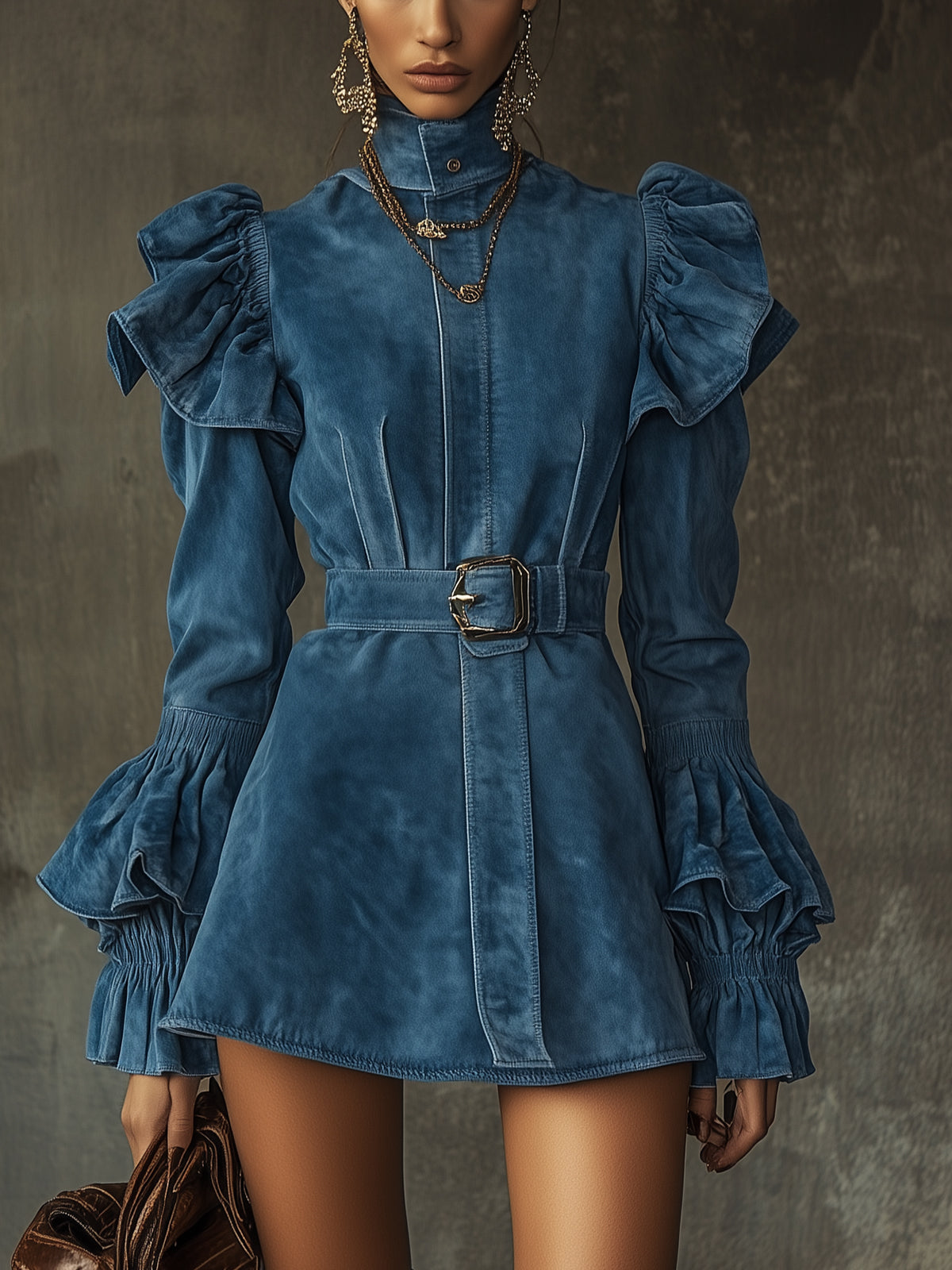 Blue Ruffled Sleeve Belted Faux Suede Mini Dress