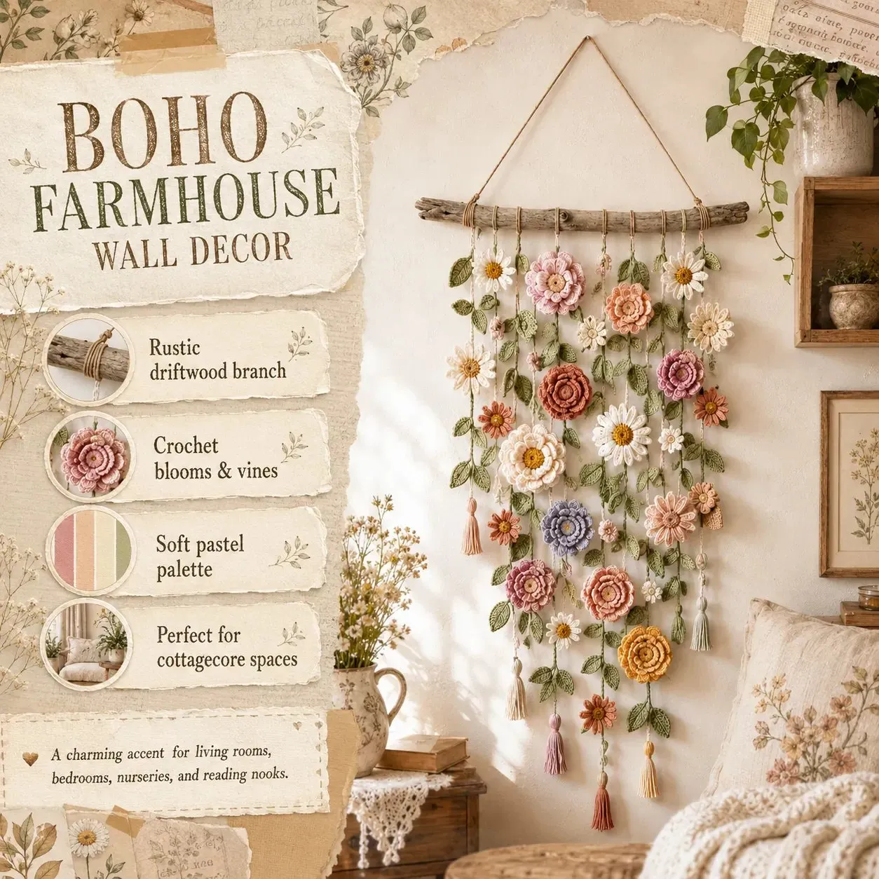 Product size diagram for boho crochet flower wall hanging
