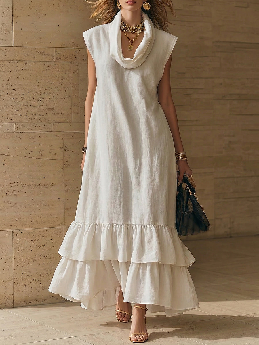 Elegant Cowl-neck Loose-fit Cotton-linen Maxi Dress