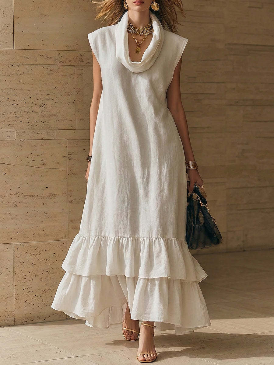 Elegant Cowl-neck Loose-fit Cotton-linen Maxi Dress