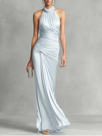 Women's Pale Blue Satin Elegant Dress With Halter Neck & Ruched Detail, Glamorous Evening Style Dress MDA3082K8I