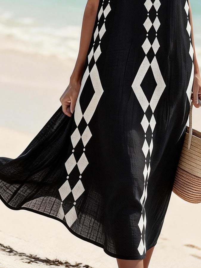 Women'S Round Neck Sleeveless Color-Block Printed Dress