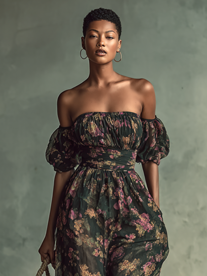 Women's Chiffon Floral Print Bandeau Short Sleeve Waist Jumpsuit MDA1152G0Y