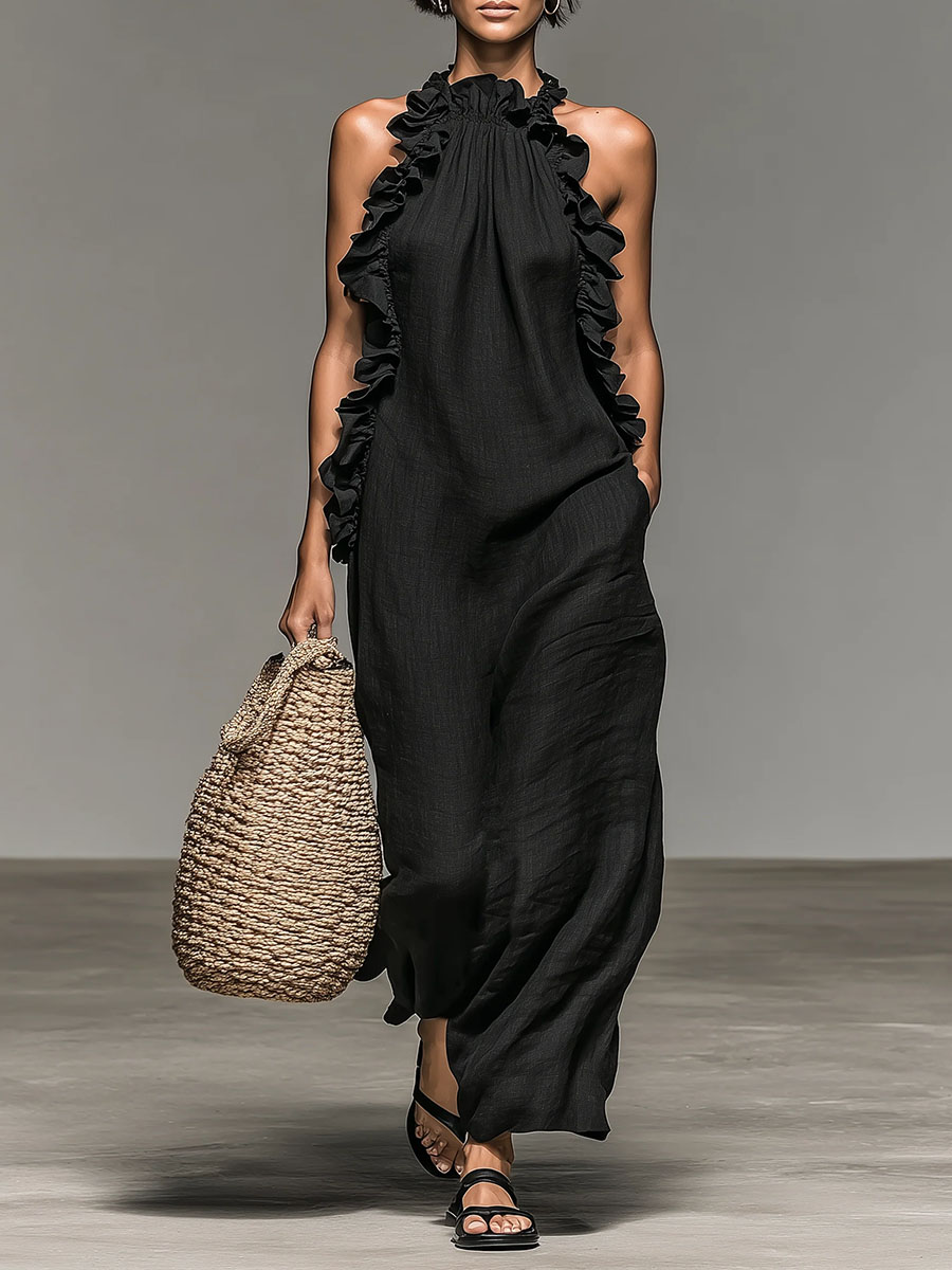 Women's Stand-up Collar Sleeveless Casual Loose Cotton And Linen Dress