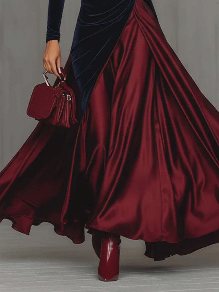 Aurelia - Abito lungo elegante bicolore in velluto e raso con gonna fluida