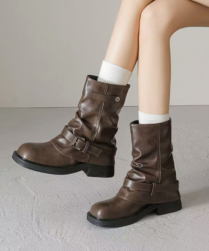 Brown Chunky Faux Leather Fashion Splicing Boots