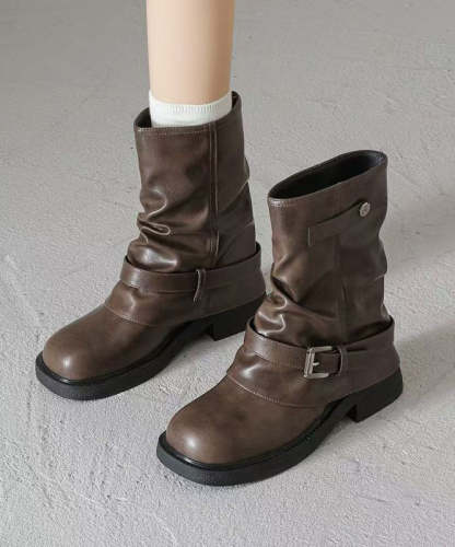Brown Chunky Faux Leather Fashion Splicing Boots