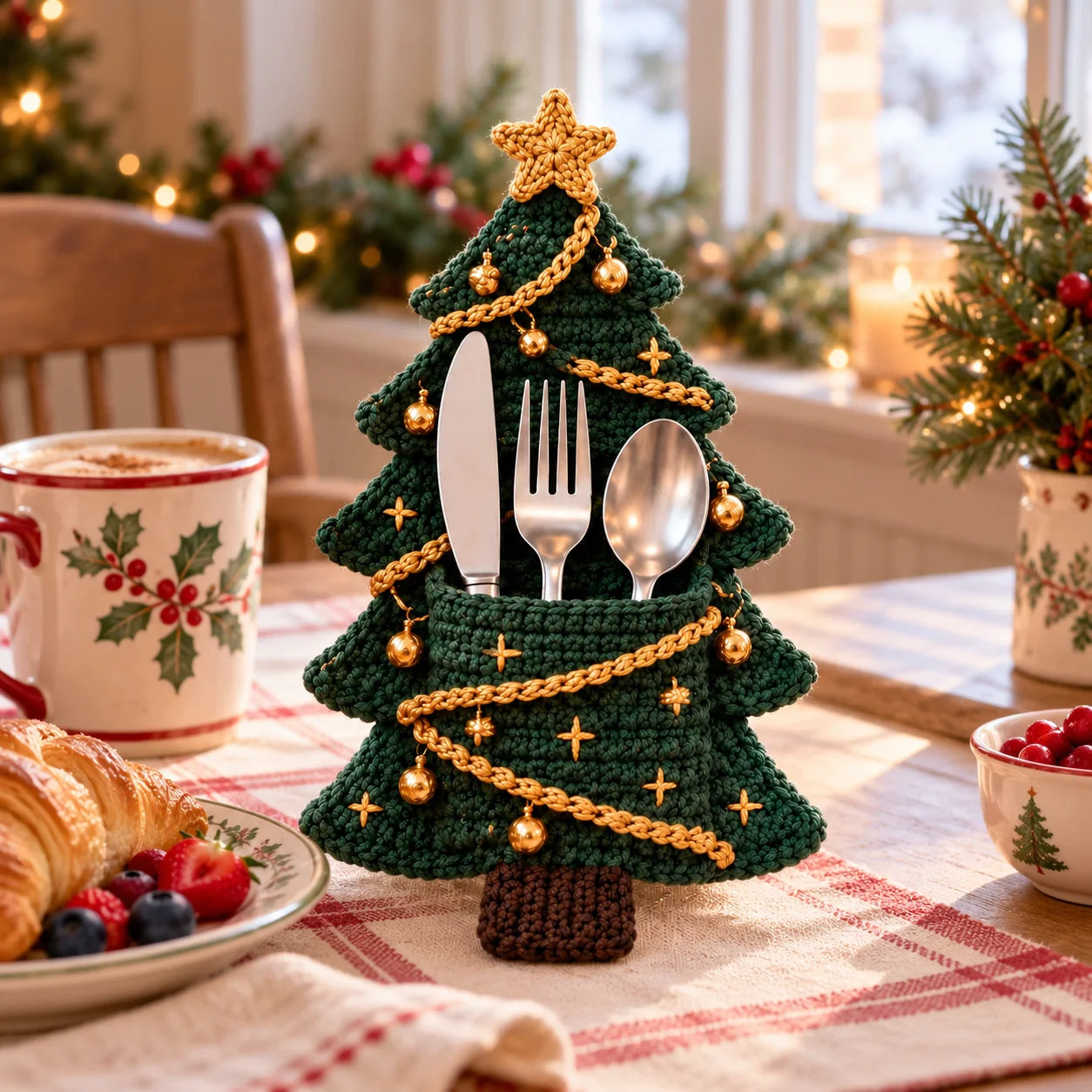 Crochet Christmas Tree Cutlery Holder Pattern Set - 4 Designs（Set of 4）