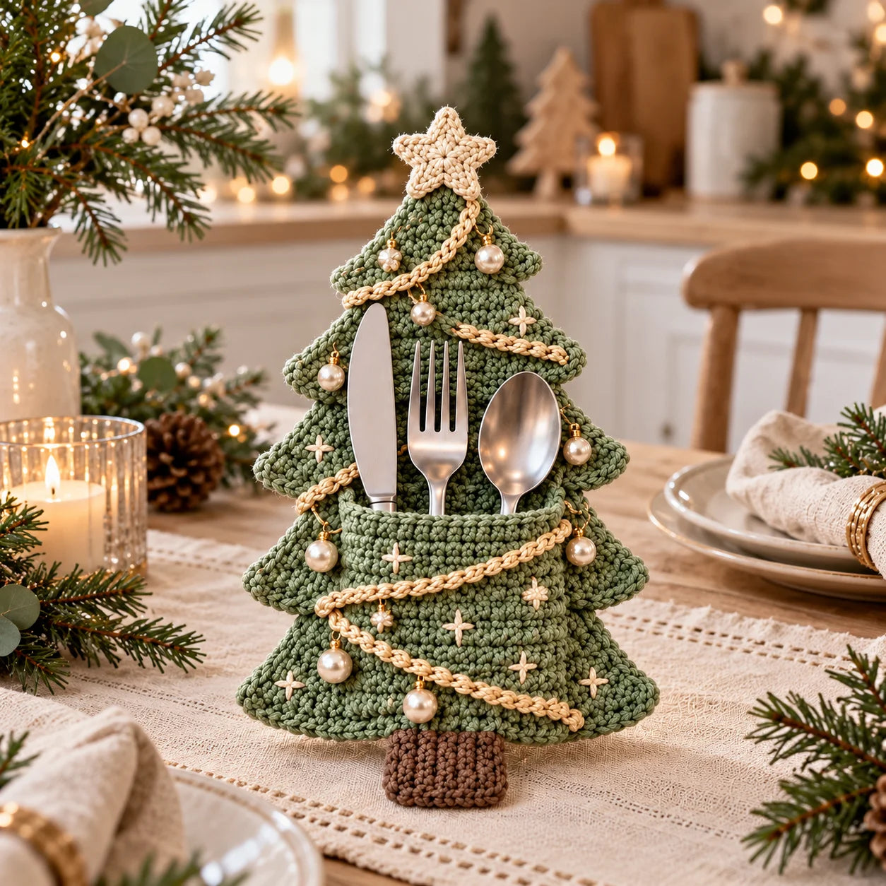 Crochet Christmas Tree Cutlery Holder Pattern Set - 4 Designs（Set of 4）