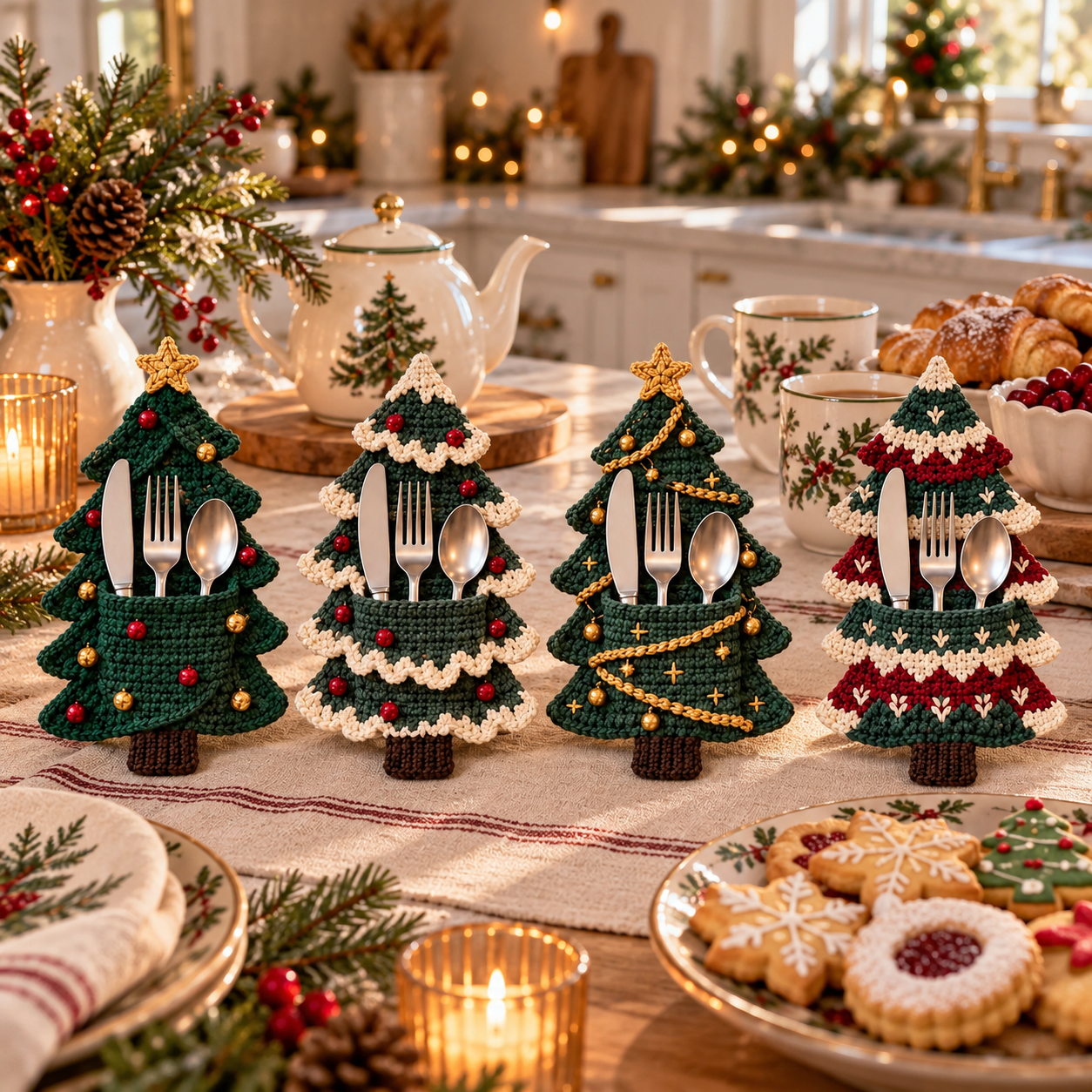 Crochet Christmas Tree Cutlery Holder Pattern Set - 4 Designs（Set of 4）