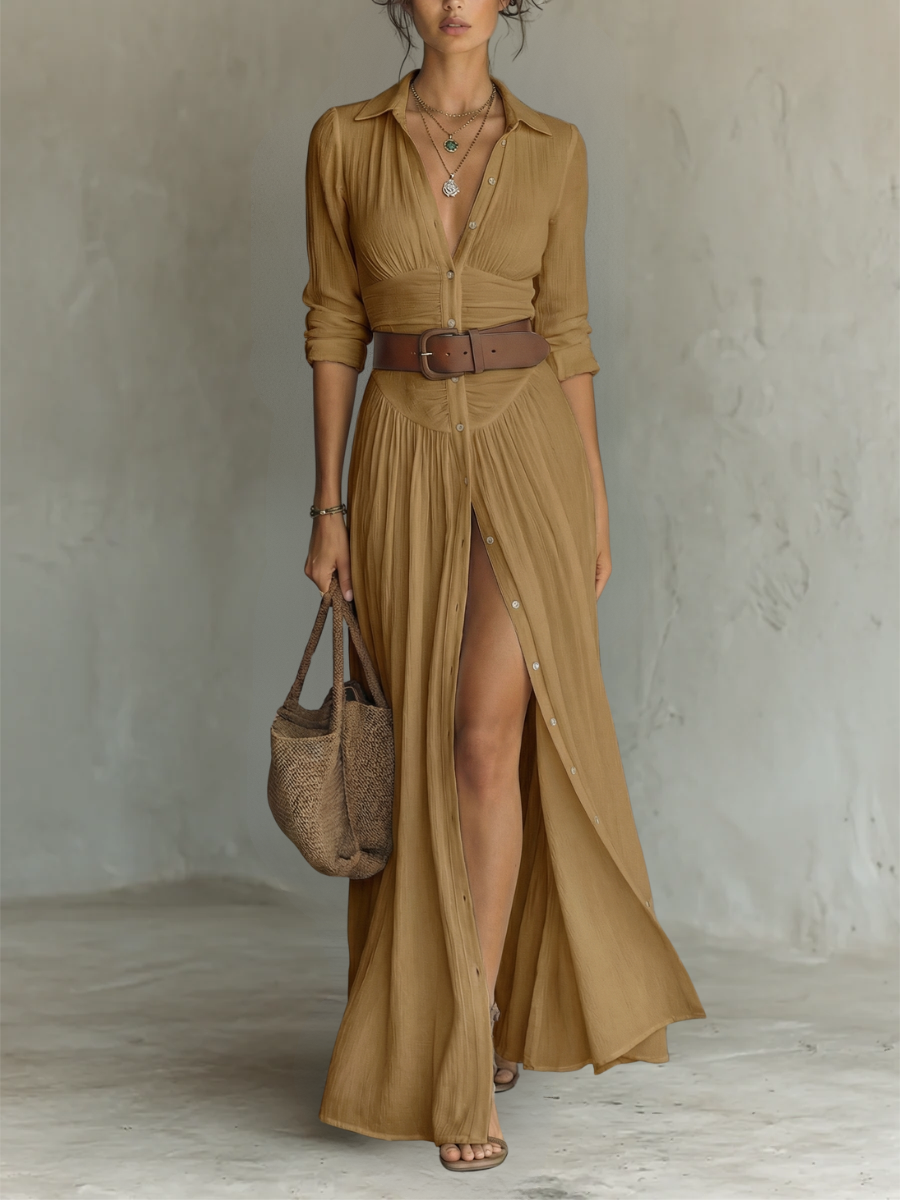 Elegant Maxi Dress with Notched Collar and Long Sleeves in Linen-Cotton