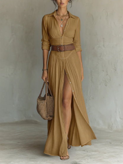 Elegant Maxi Dress with Notched Collar and Long Sleeves in Linen-Cotton