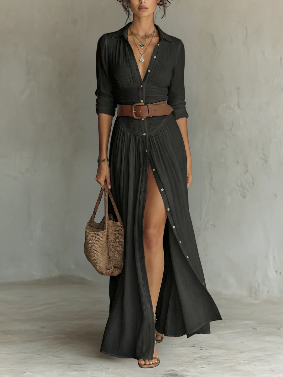 Elegant Maxi Dress with Notched Collar and Long Sleeves in Linen-Cotton