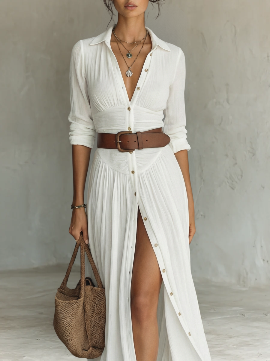 Elegant Maxi Dress with Notched Collar and Long Sleeves in Linen-Cotton