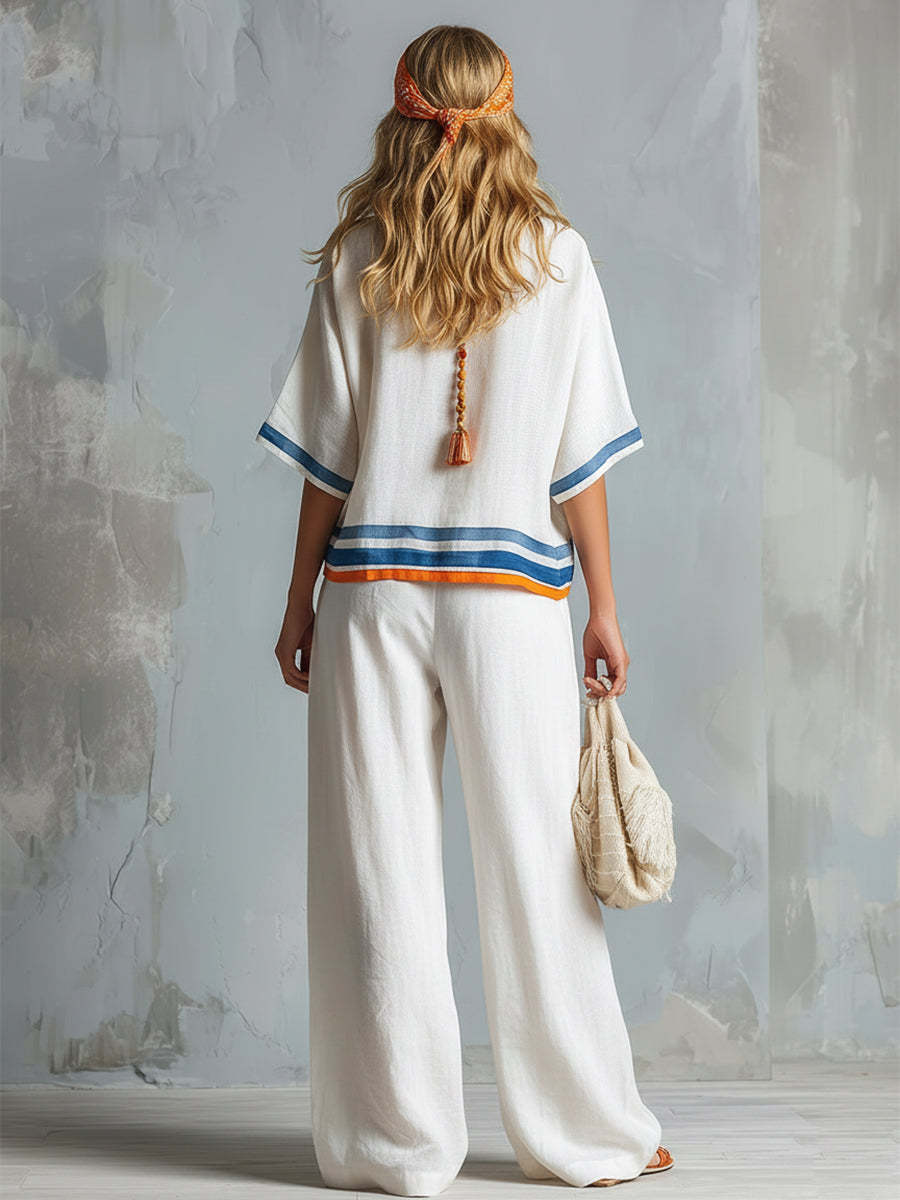 Casual Urban Style Contrast-Trimmed White T-Shirt & Wide-Leg Pants Cotton-Linen Set