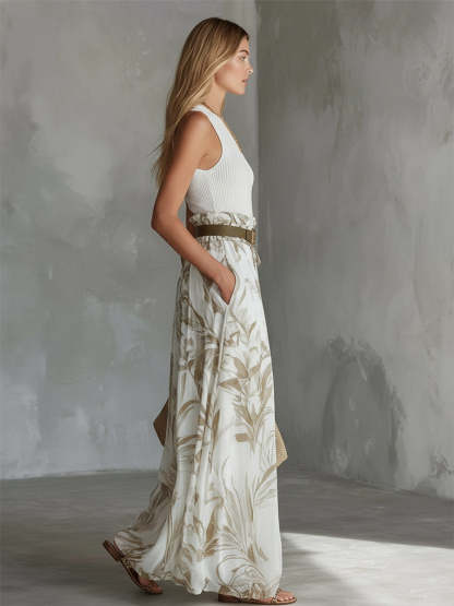 Elegant White Breathable Knit Tank Top Printed Chiffon Wide-Leg Pants Set