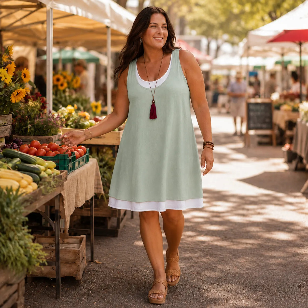 Layered Summer Swing Dress, Sleeveless Two-Piece-like Design