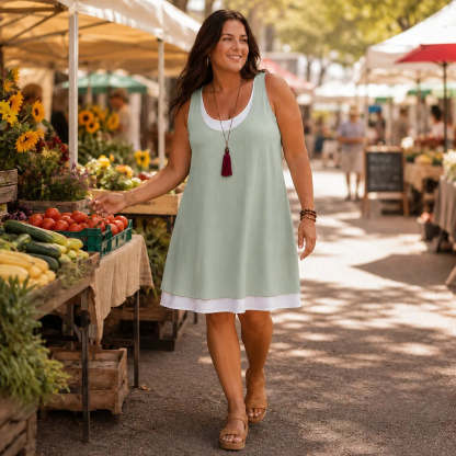 Layered Summer Swing Dress, Sleeveless Two-Piece-like Design
