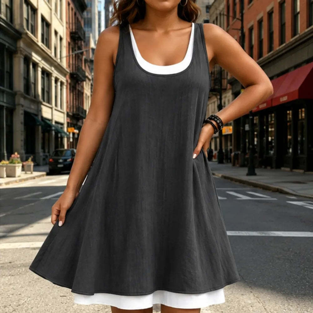 Layered Summer Swing Dress, Sleeveless Two-Piece-like Design