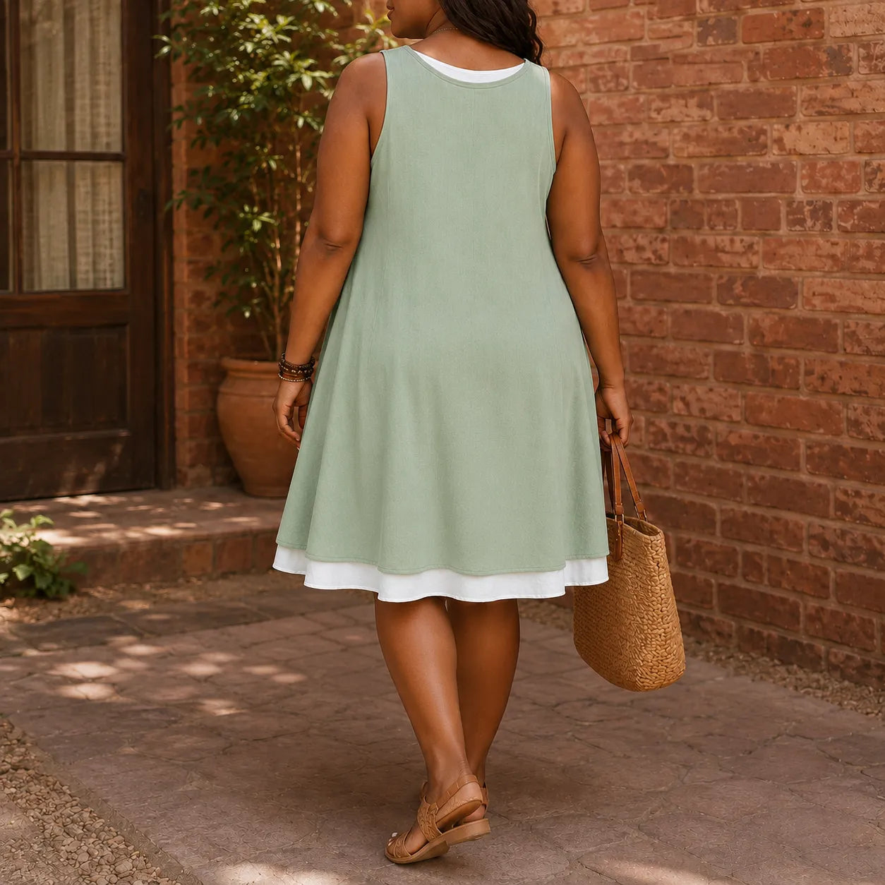 Layered Summer Swing Dress, Sleeveless Two-Piece-like Design