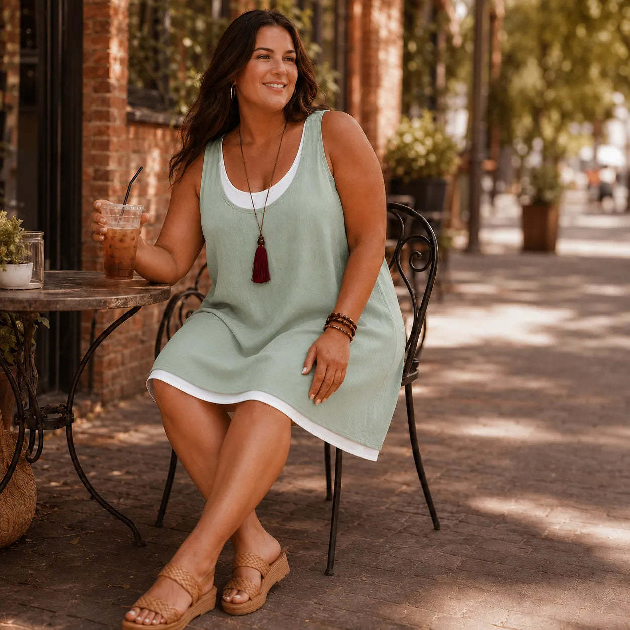 Layered Summer Swing Dress, Sleeveless Two-Piece-like Design